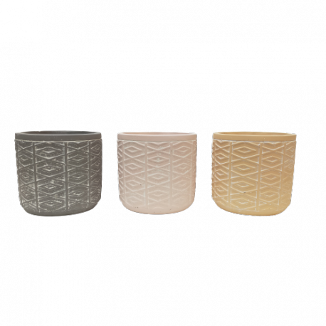 Cache-pot cylindre - décor "croisé"- Mix 3 couleurs (terracotta/gris foncé/rose) - PM