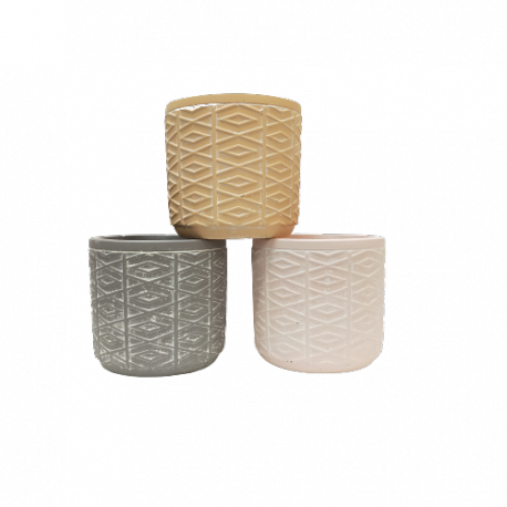 Cache-pot cylindre - décor "croisé"- Mix 3 couleurs (terracotta/gris foncé/rose) - MM