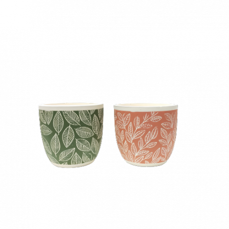 Cache-pot rond - Collection "Feuillage" - Mix 2 couleurs/ 2 décors ( Vert / terracotta) - GM