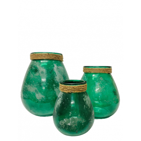 NOUVEAUTÉ: Vase goutte d'eau en verre vert fumé avec finition cordage - GM