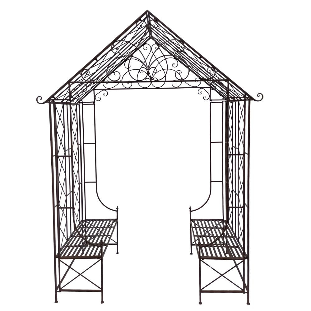 Arche de Jardin "Maison et ses 2 bancs" en métal marron L.200 x l.114 x Ht.270 cm Arche de Jardin "Maison et ses 2 bancs" en métal marron L.200 x l.114 x Ht.270 cm
